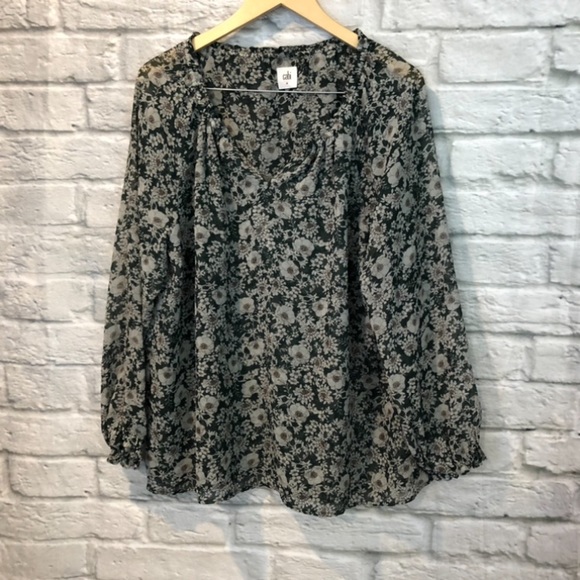 Women’s Cabi Size Medium Green Floral V-Neck Peasant Blouse #3765 - Picture 4 of 14